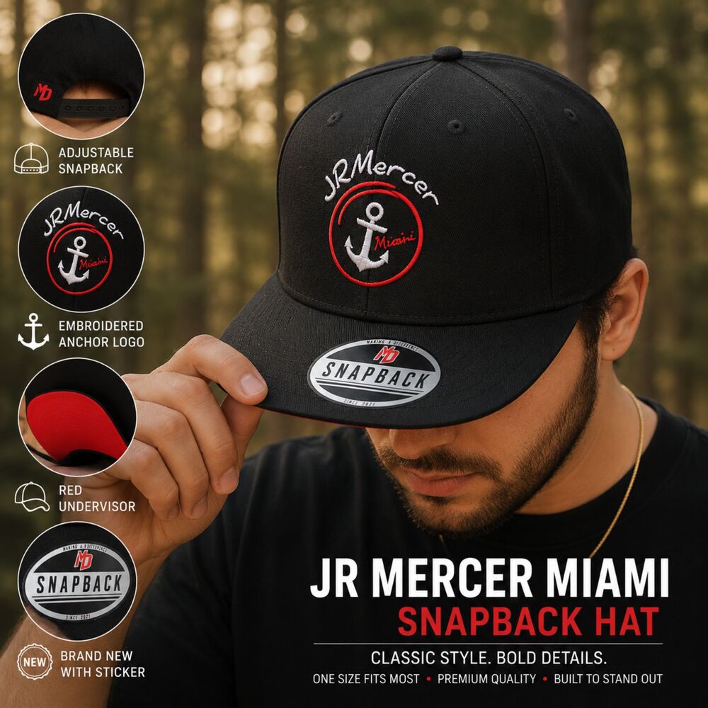 NWT JR Mercer Miami Anchor Snapback Hat | Black & Red Flat Bill Cap | Adjustable